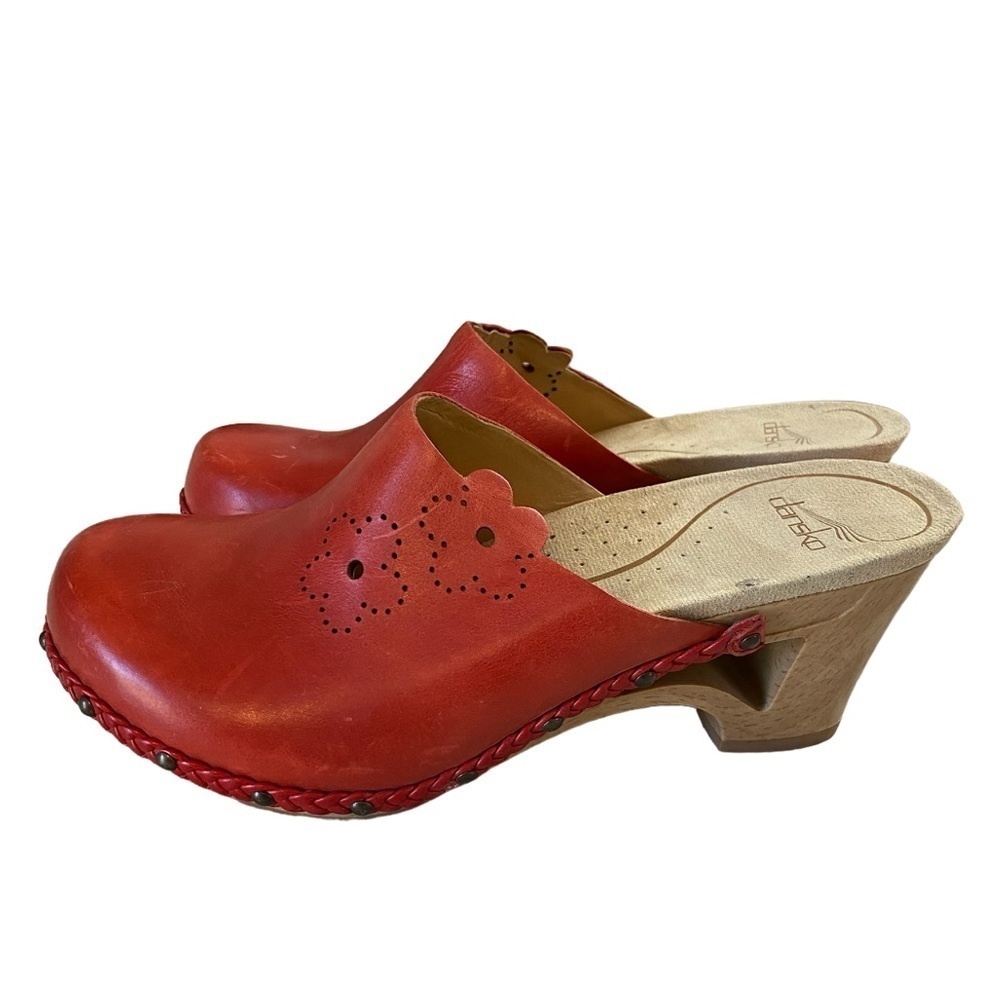 Dansko Red Leather Platform Clogs with Perforated Floral Detail - Picture 5 of 10